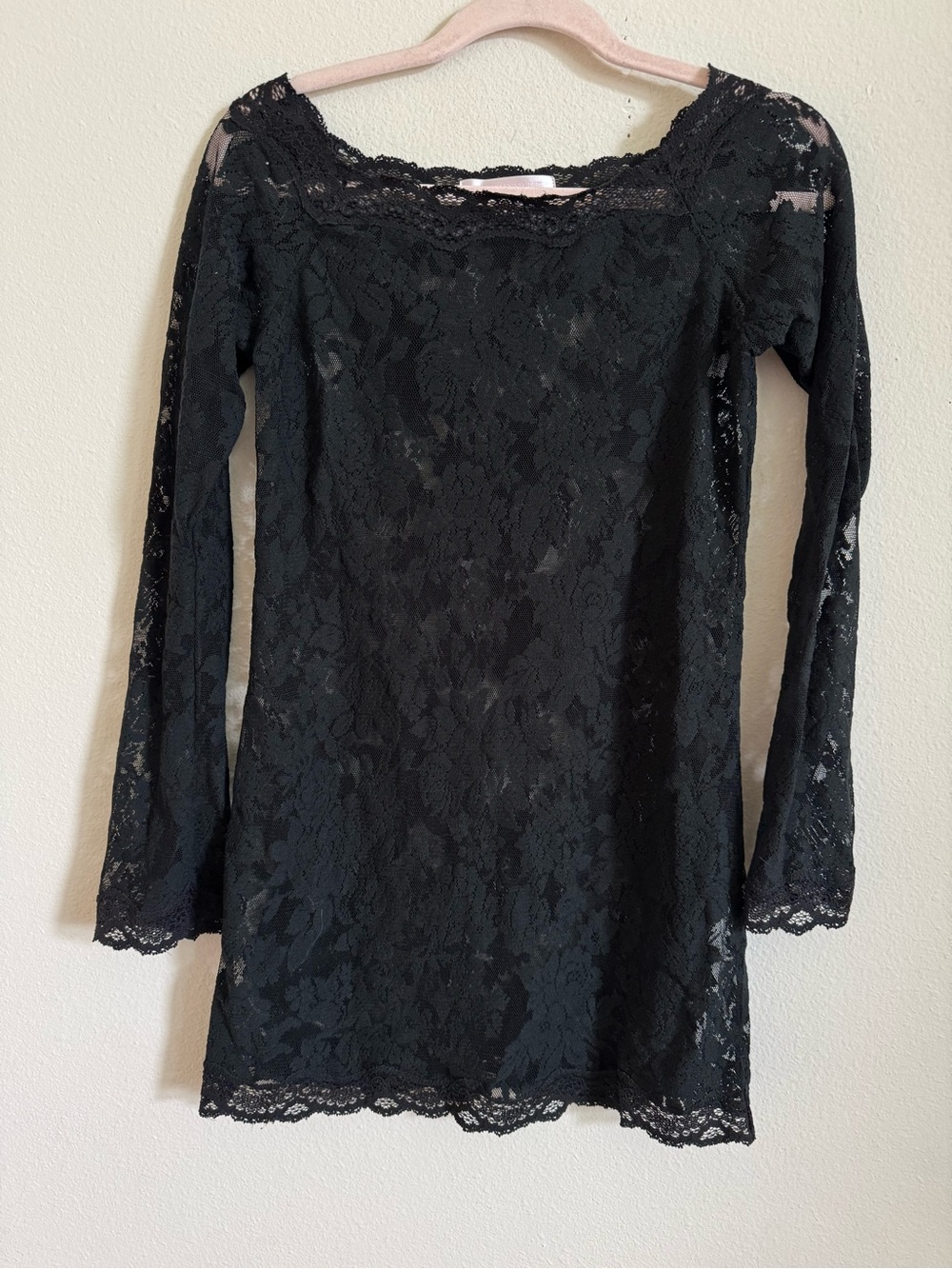 Vintage Y2K Victoria's Secret Black Sheer Lace Long-Sleeve Chemise Dress size L